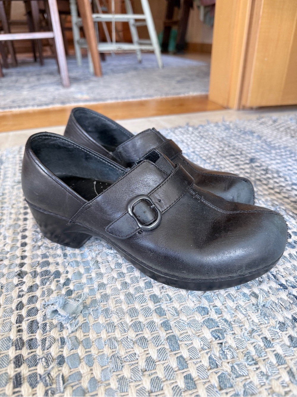 Dansko Black Leather Buckle Mule Clogs